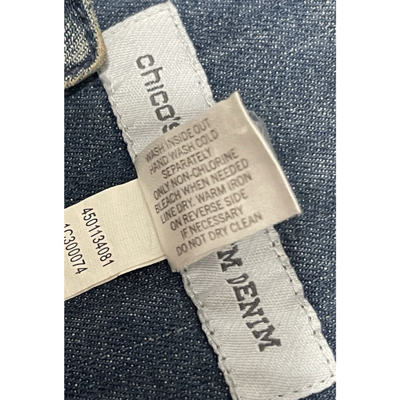 Chicos Platinum Denim Jacket Womens 3 Embellished Open Front Cuff Sleeves Pearls - Picture 8 of 10